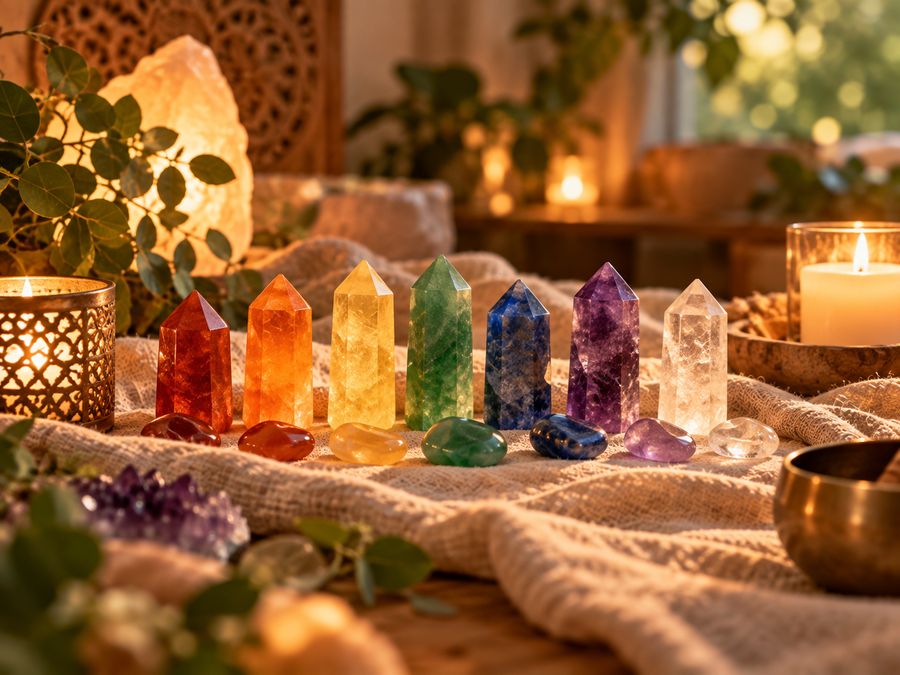 Seven chakra crystals in a row – Chakra Clearing programme with Amanda Brooks